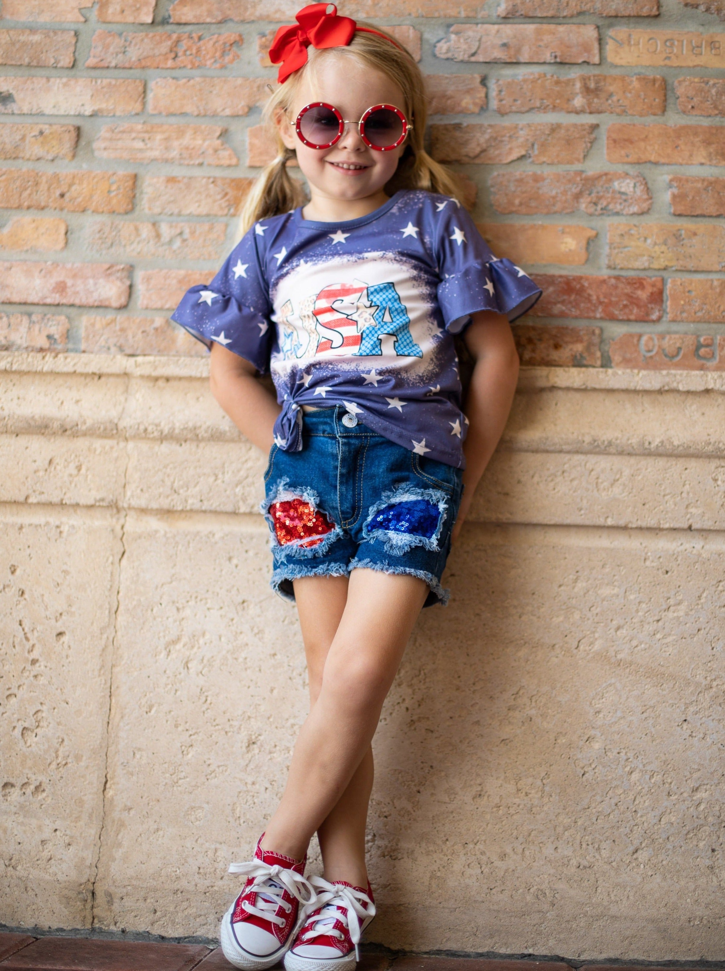 4th of July Outfits | Ruffle Top And Denim Shorts Set - Mia Belle Girls
