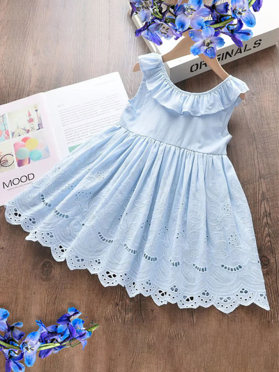 Girls Casual Spring Dresses | Sleeveless Blue Ruffle Eyelet Dress – Mia ...