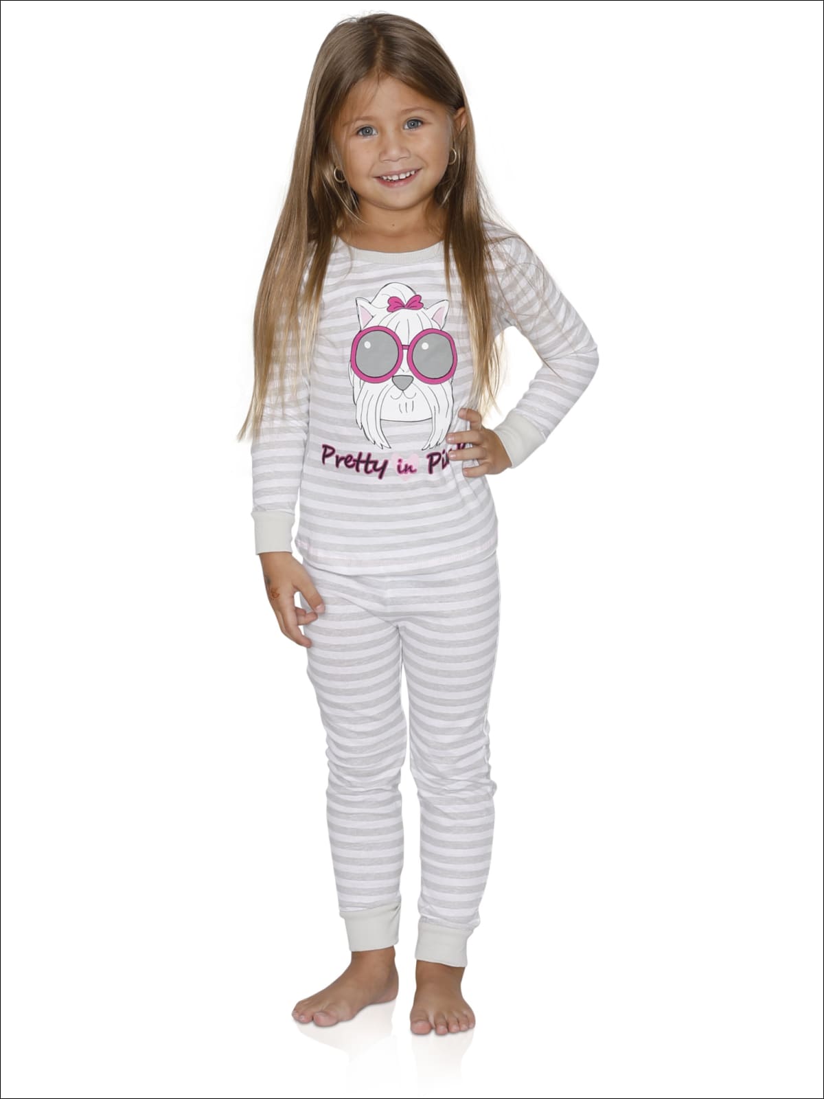 Cozy Couture Big Girls' Pretty in Pink Gray Striped Cotton Pajamas ...