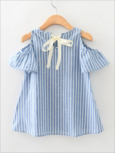 Girls Blue Striped Cold Shoulder A-Line Dress With White Ribbon – Mia ...