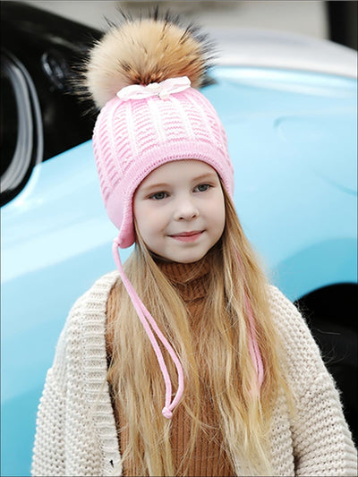 Girls Casual Fall Cable Knit Pom Pom Beanie - Pink - Girls Hats