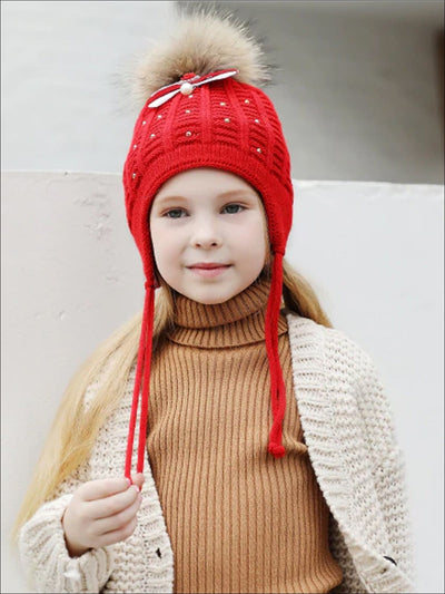 Girls Casual Fall Cable Knit Pom Pom Beanie - Red - Girls Hats