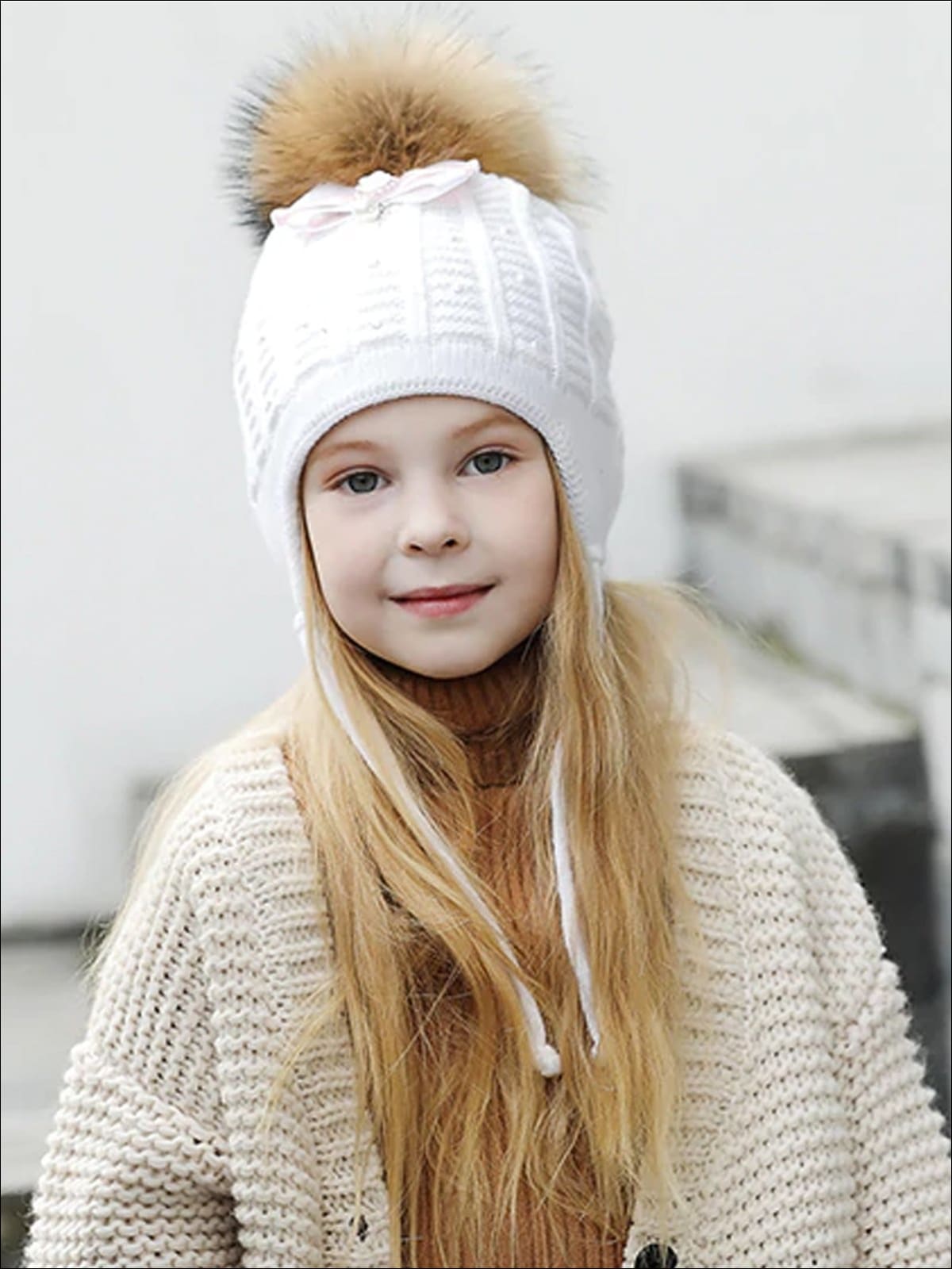Girls Casual Fall Cable Knit Pom Pom Beanie - White - Girls Hats