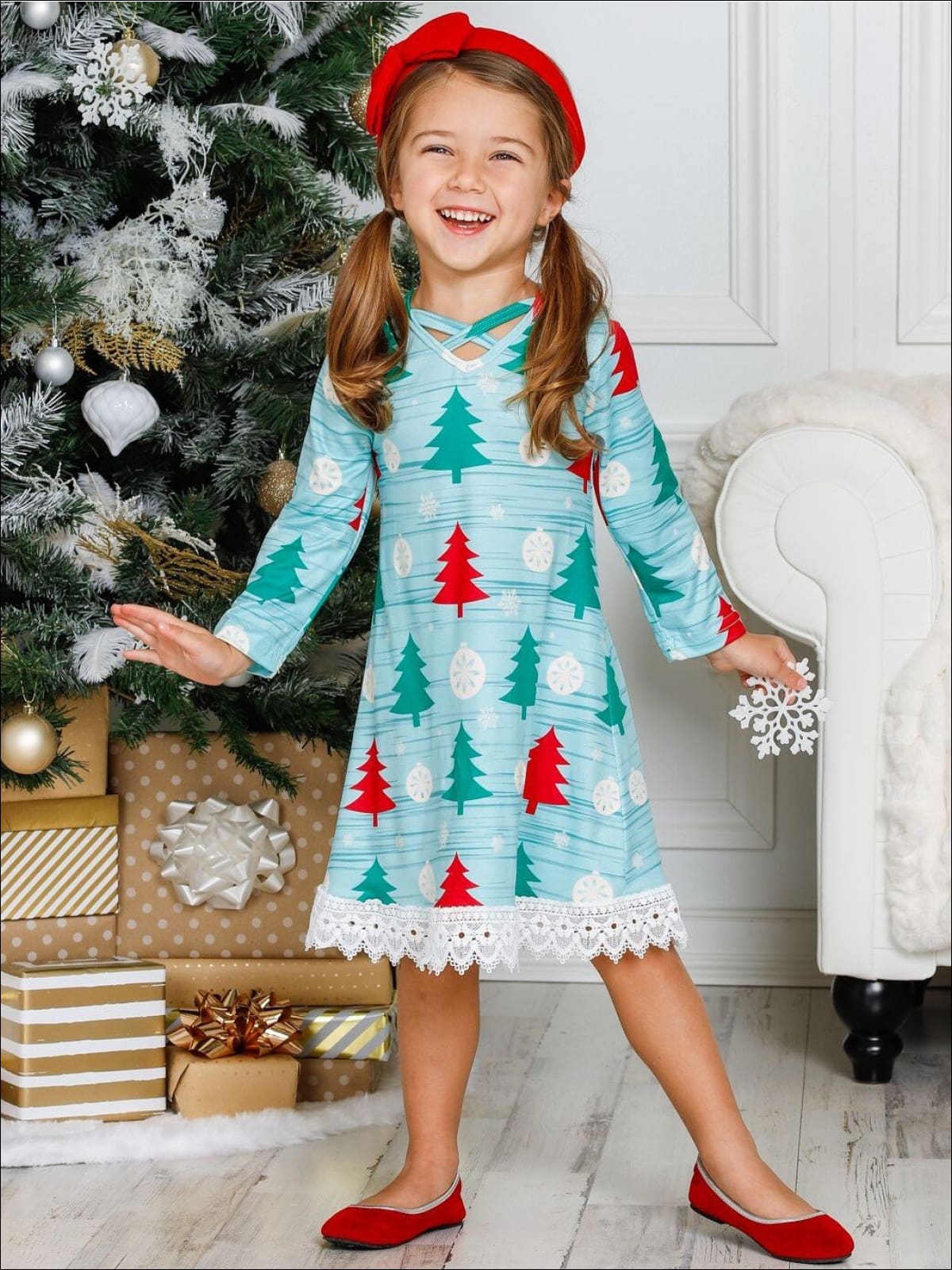 Girls Christmas Themed Long Sleeve Christmas Tree Print Lace Dress ...