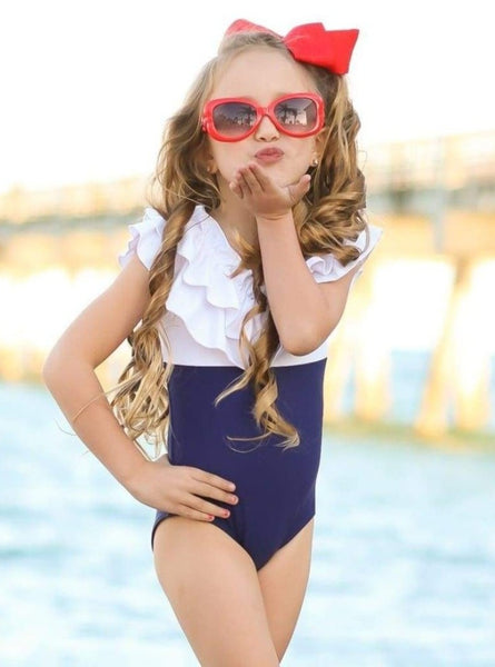 Tween Girl Color Block Ruffle Trim One Piece Swimsuit