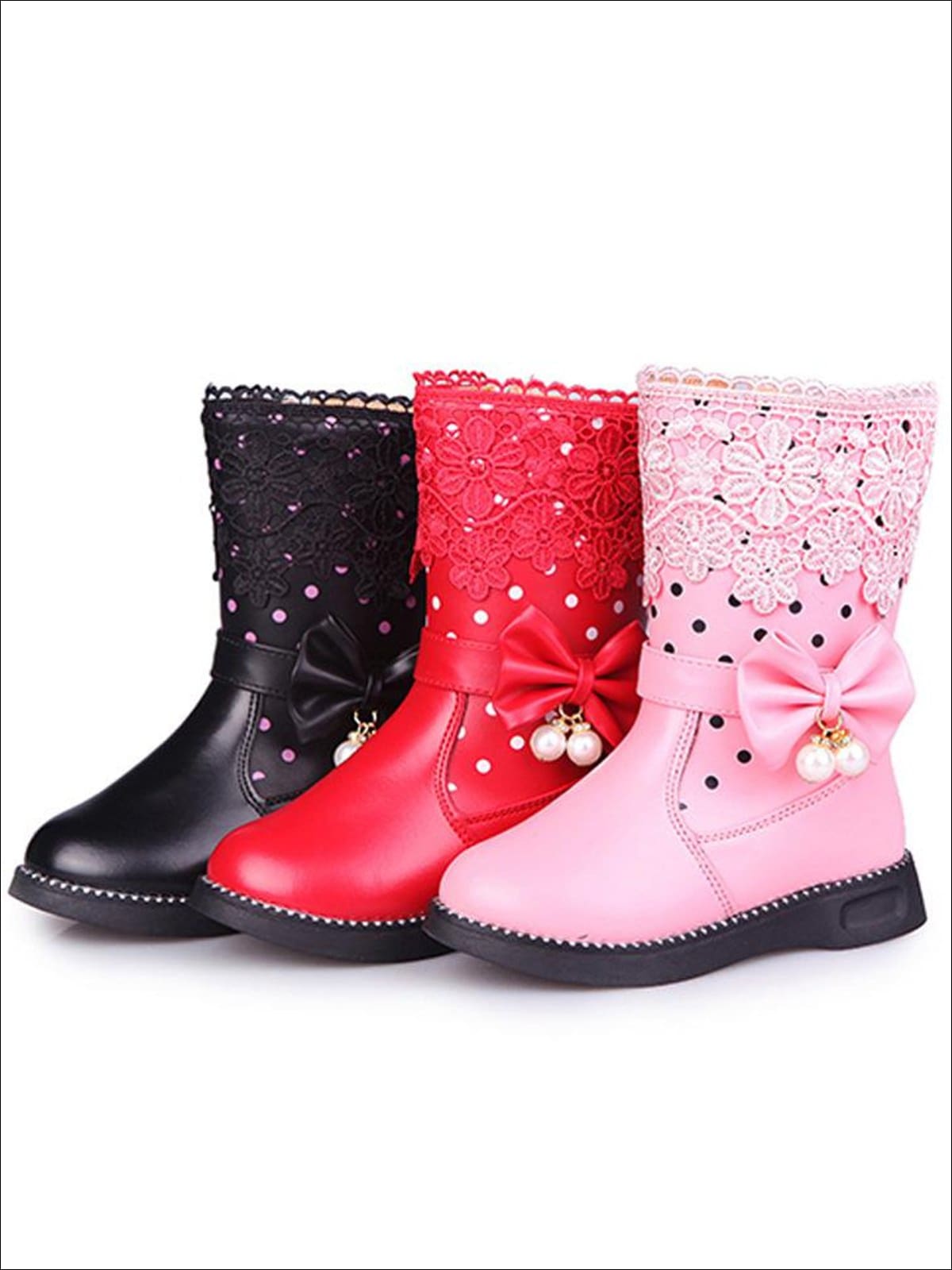 Girls Dotted Andamp; Lacey Bow Applique Mid-Calf Princess Boots – Mia ...