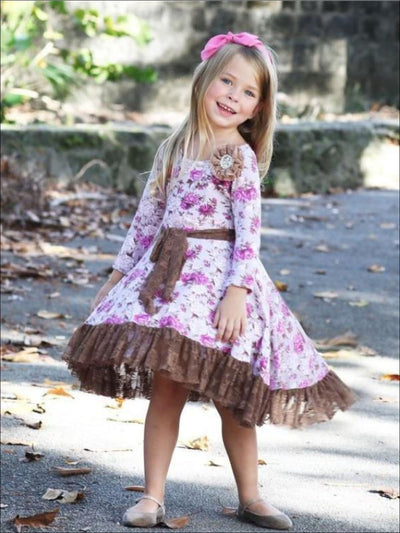 Mia Belle Girls Fall Flower Twirl Dress with Lace Ruffle & Sash