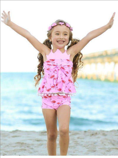 Kids Swimsuits | Girls Flamingo Print Crown Tankini And Shorts Swimsuit ...