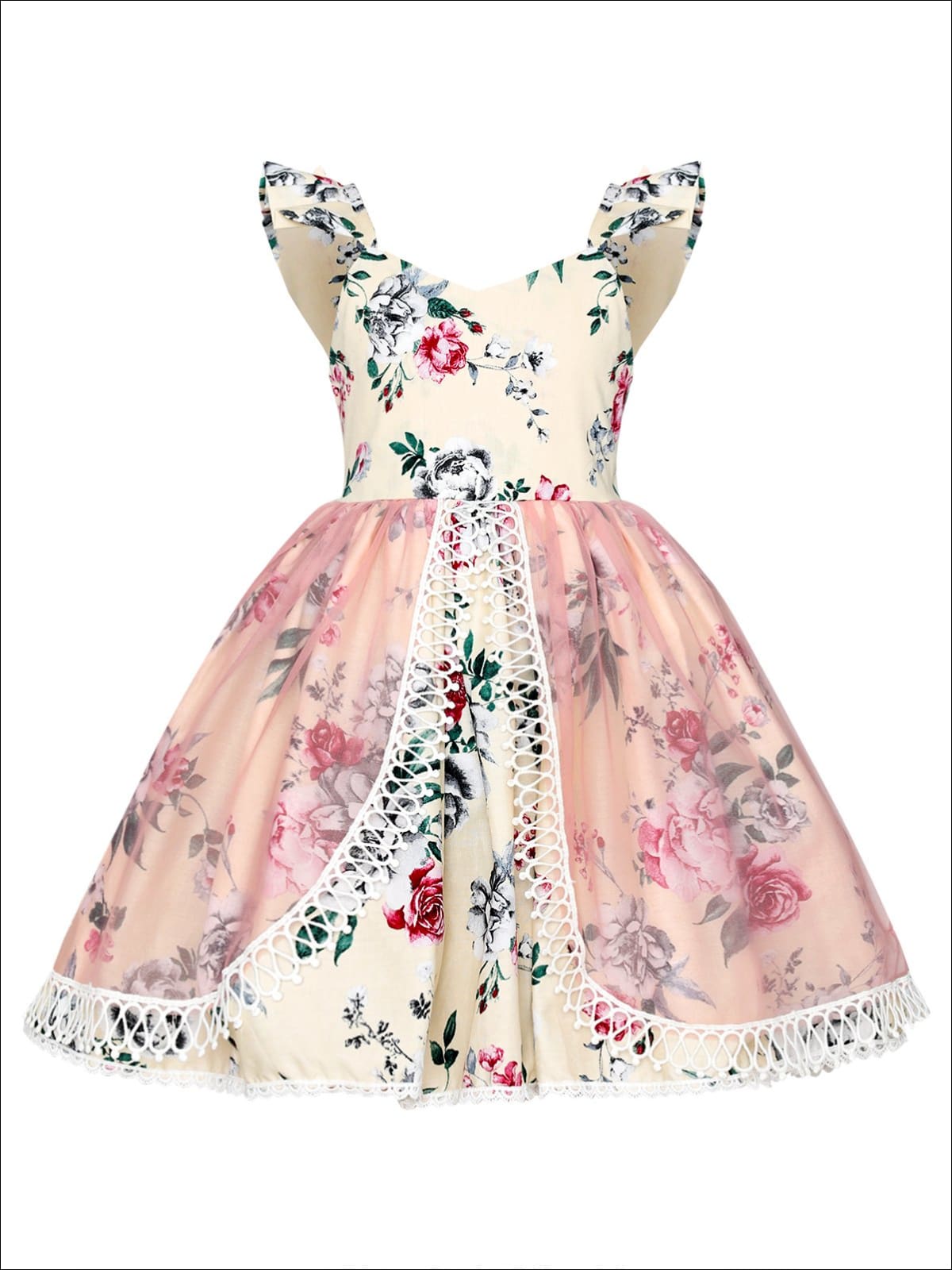 Mia Belle Girls Floral Flutter Sleeve Lace Trimmed Overlay Skirt Dress