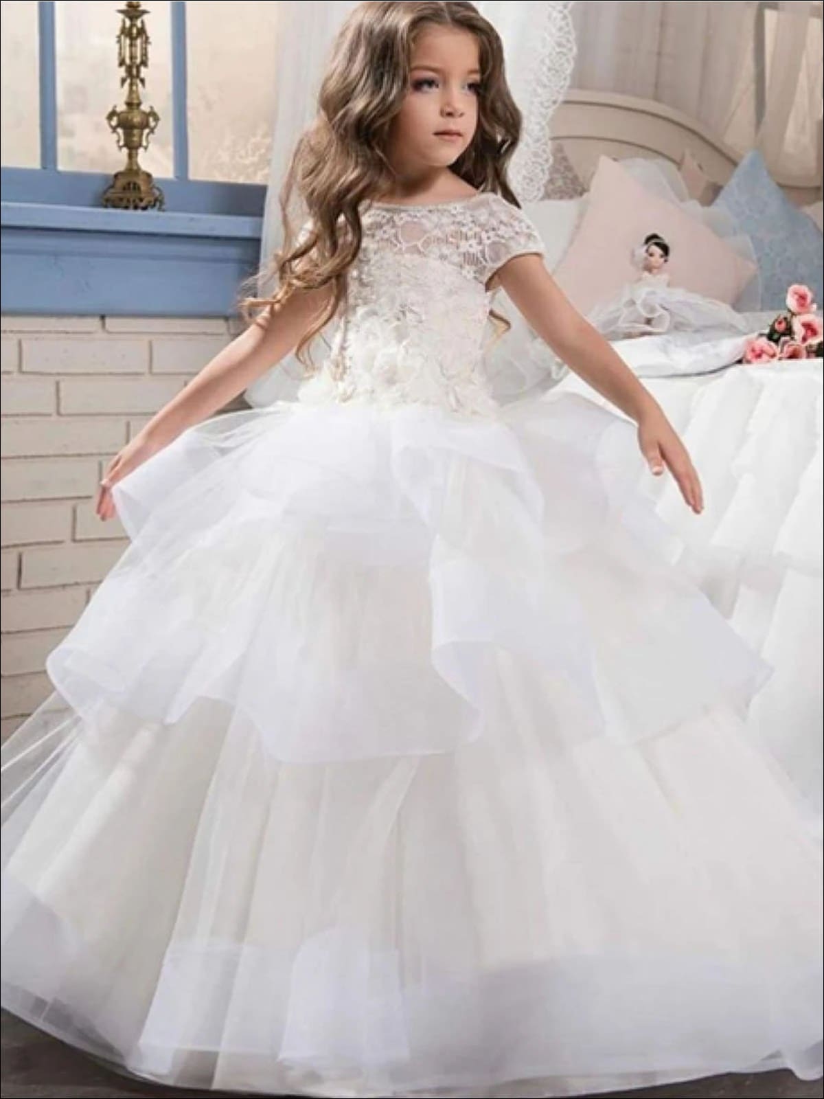 Girls Floral Lace Ruffled Tiered Communion Flower Girl Andamp; Pageant ...