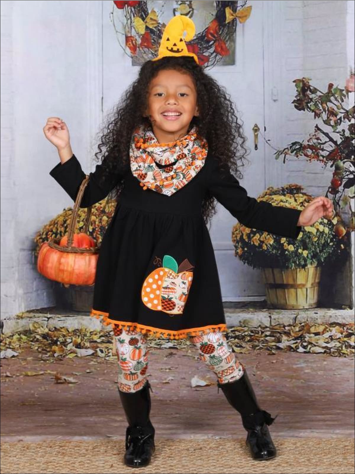 Girls Halloween Themed Pumpkin Printed Long Sleeve Pom Pom Tunic ...