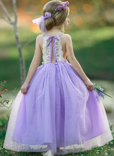 Girls Lace Scalloped Open Back Tulle Maxi Dress with Flower Clip - Mia ...