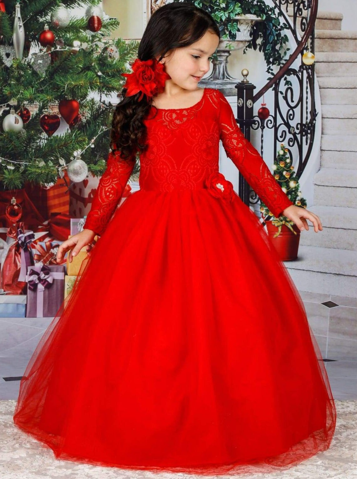 Girls Winter Formal Wear  Long Lace Sleeve Princess Holiday Gown