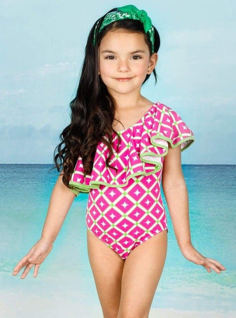Kids Swimsuits  Little Girls Lace Ruffle Shoulder One Piece Swimsuit – Mia  Belle Girls