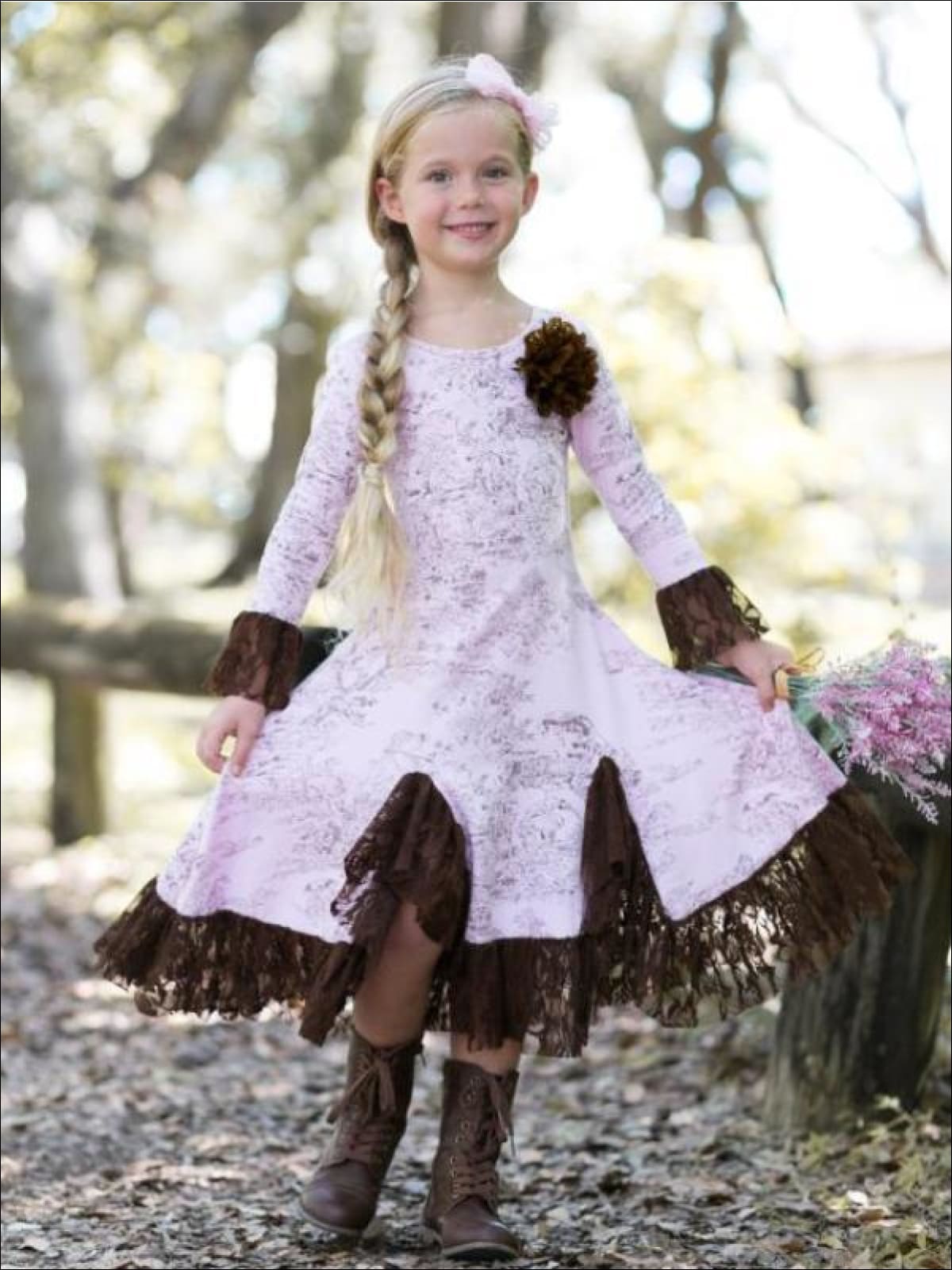 Girls Pink & Brown French Countryside Twirl Dress with Lace Ruffles ...