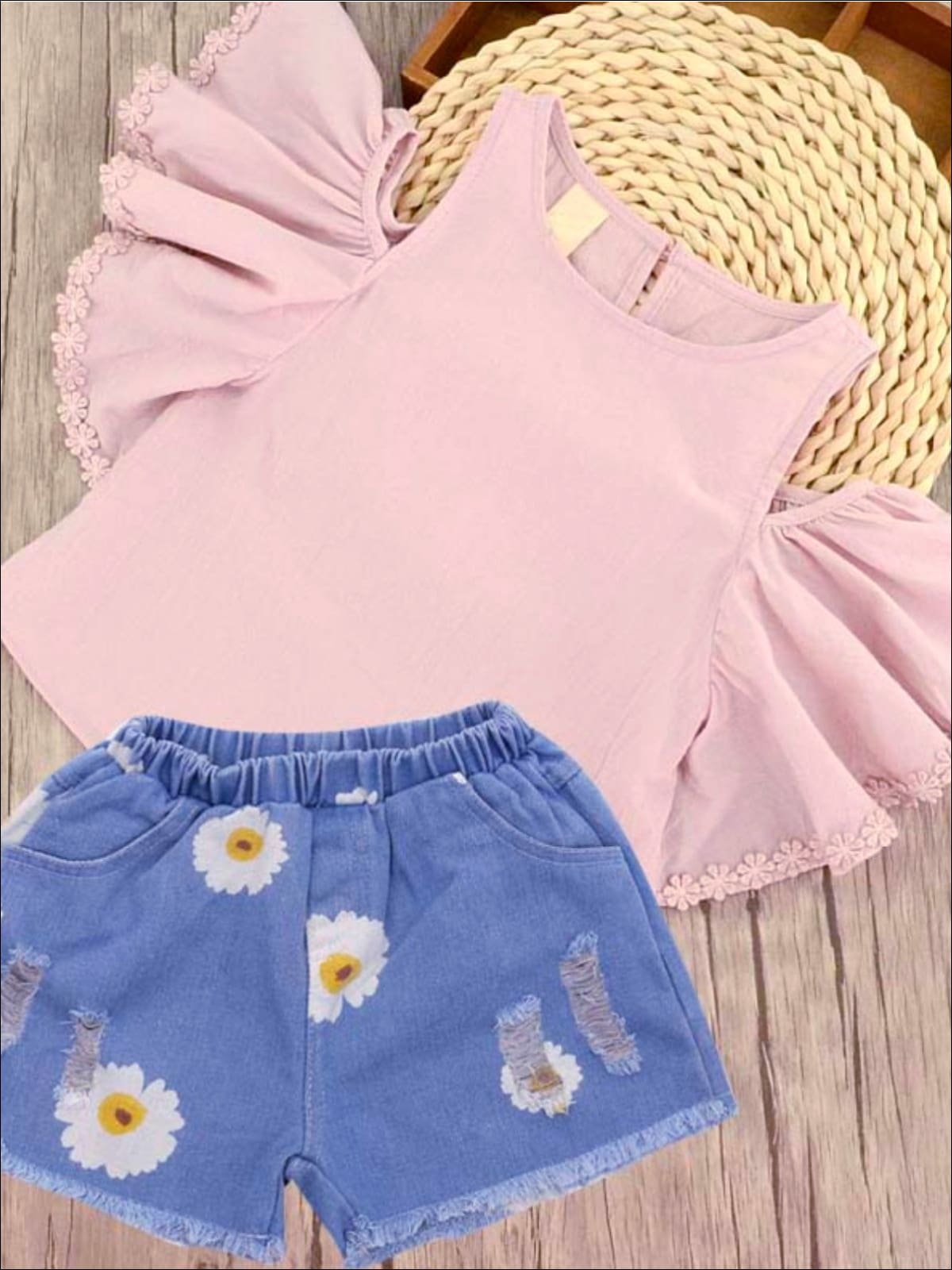 Girls Pink Cold Shoulder Ruffle Sleeve Tunic & Flower Shorts Set – Mia ...