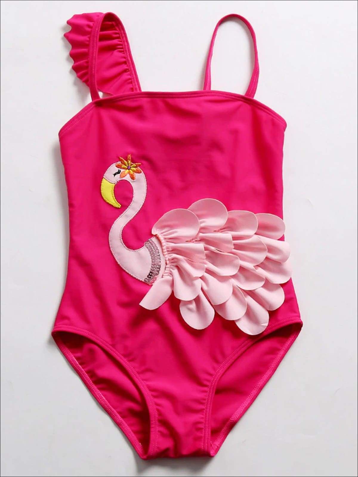 Mia Belle Girls Pink Flamingo One Piece Swimsuit With Feather Detail