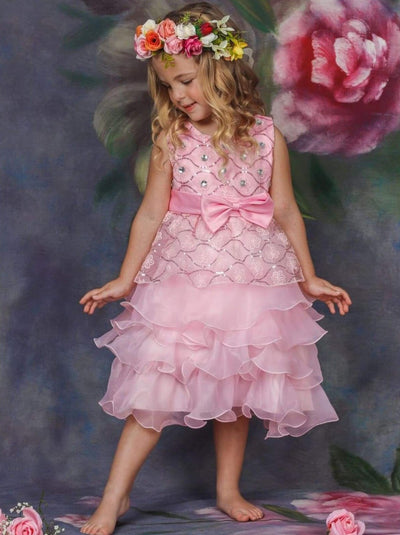 Girls Pink Princess Cascading Ruffle Flower Embroidery Party Dress wit ...