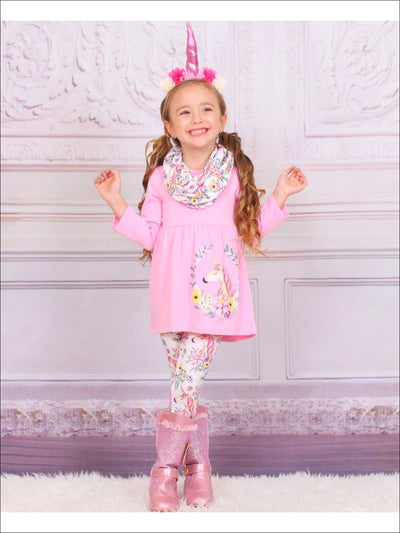 Girls Pink Unicorn Print Tunic Leggings Andamp; Scarf Set – Mia Belle Girls