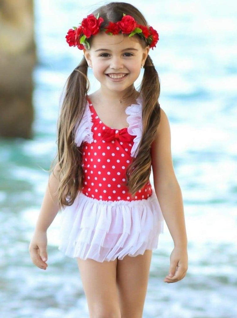 Mia Belle red/white polka dot swimsuit girl size 7/8, fits like