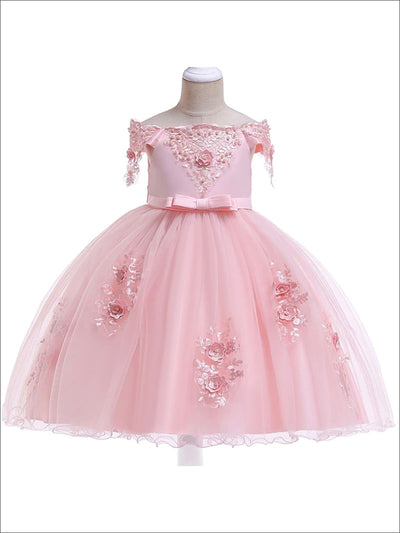 Girls Formal Dresses | Pink Floral Embellished Tulle Princess Dress ...