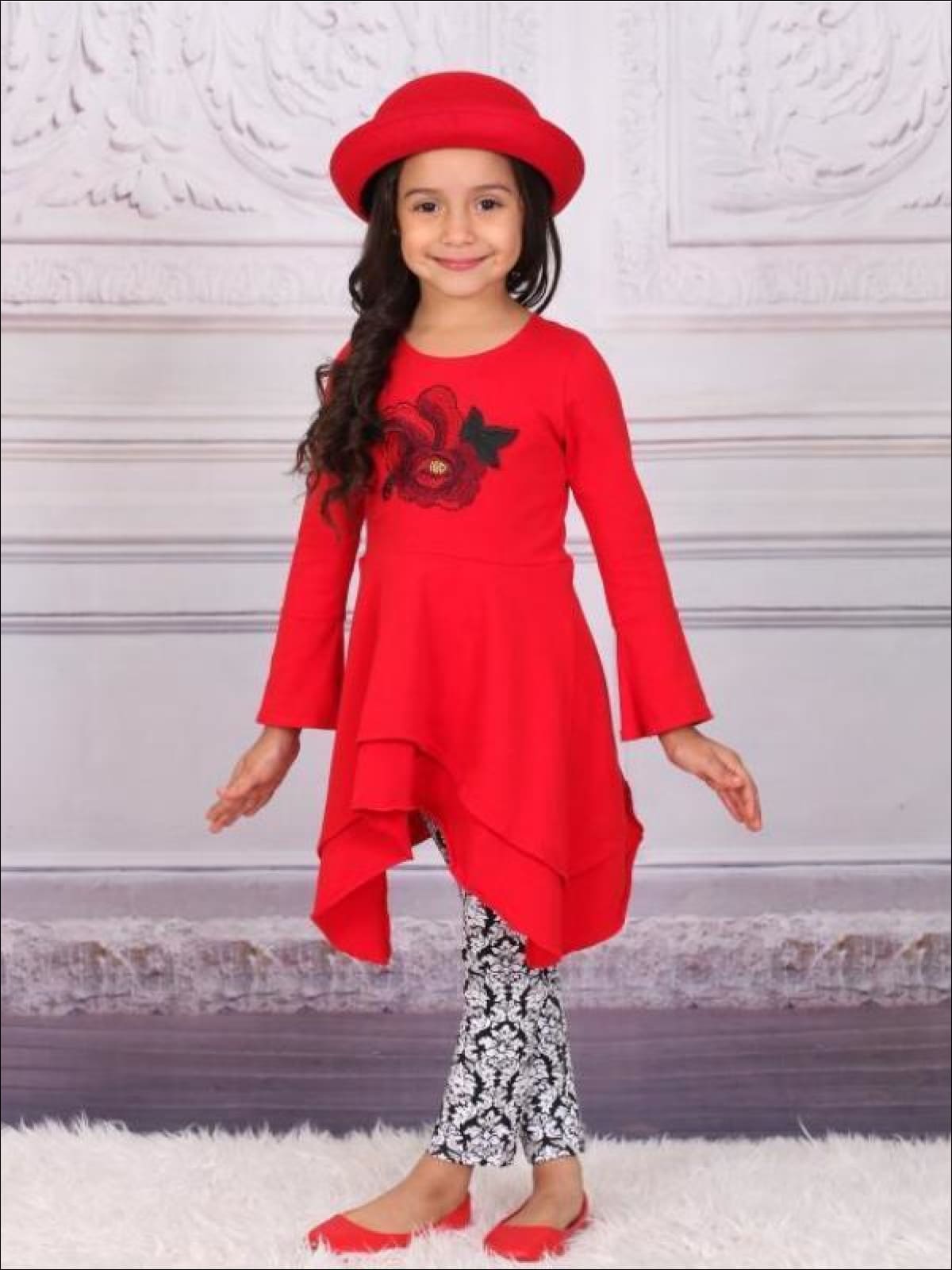 Girls Red Andamp; Black Double Layer Cuffed Sleeve Tunic Andamp