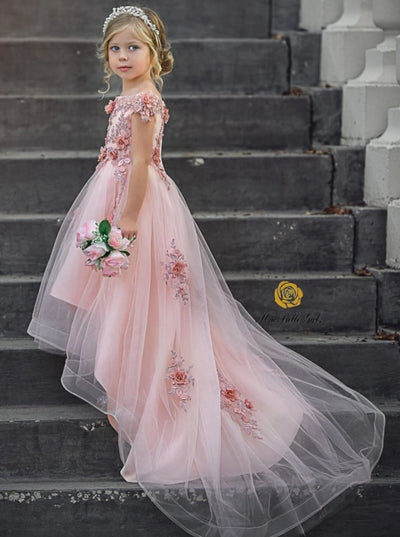 Girls Special Occasion Dress | Pink Flower Applique Tulle Hi-Lo Gown ...