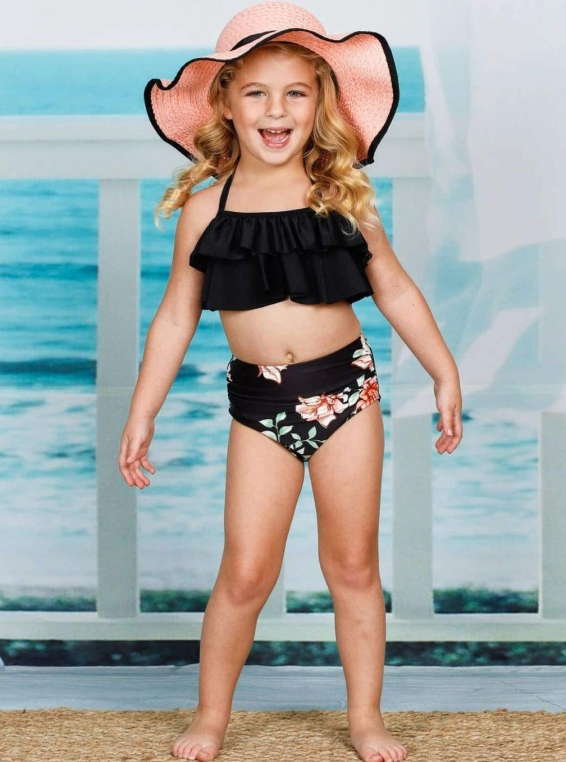 Kids Swimsuits  Girls Ruffle Halter Top High Waist Two Piece Swimsuit –  Mia Belle Girls