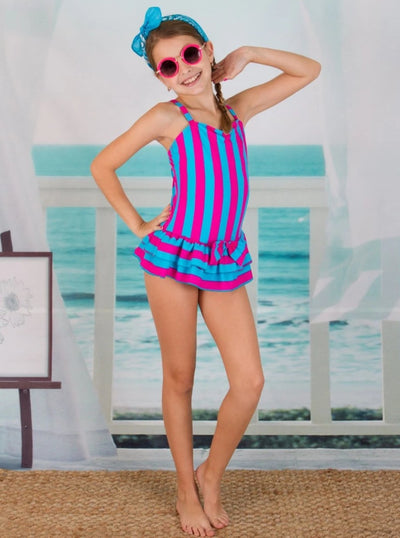 Girls Skirted Vertical Stripe One-Piece Swimsuit - Mia Belle Girls