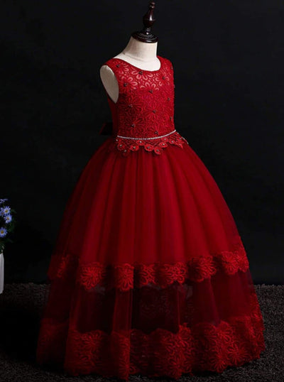 Girls Sleeveless Red Floral Lace Holiday Maxi Dress – Mia Belle Girls