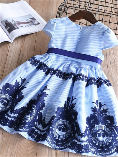 Toddler Spring Dresses | Girls Blue Pinstripe Embroidered Lace Dress ...