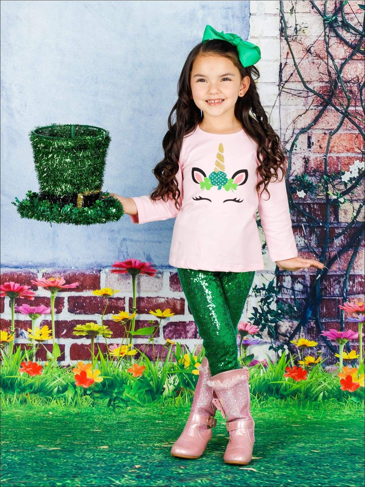 St. Patrick's Day Clothes  Girls Rainbow Top & Clover Legging Set