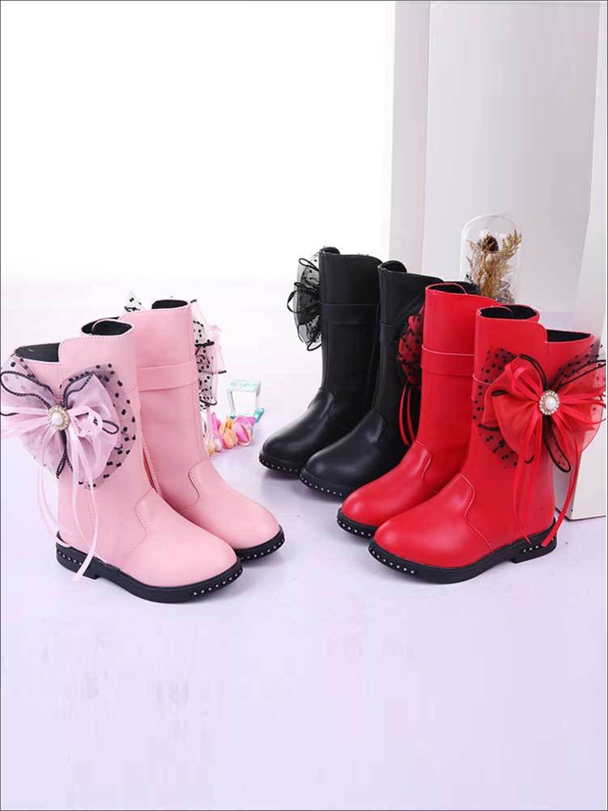 Girls Synthetic Leather Mid-Calf Bow Tie Pearl Embellished Boots – Mia ...