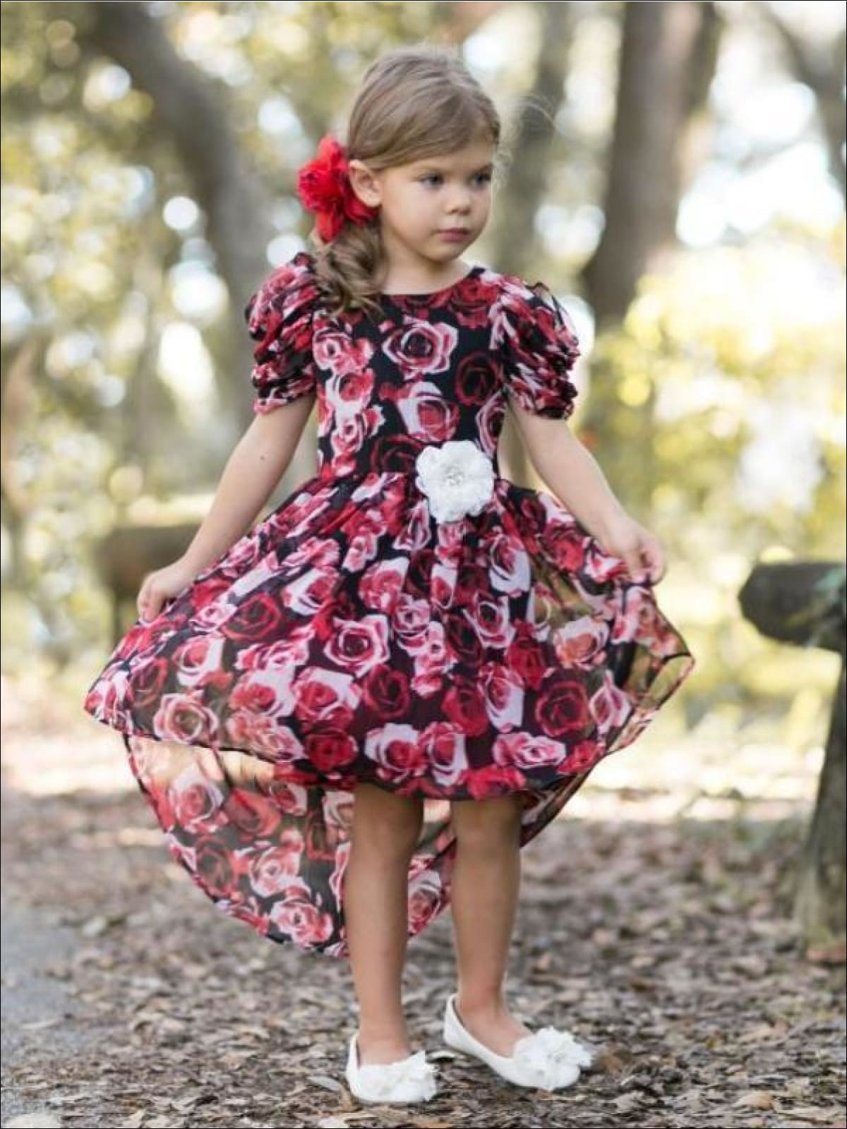 Girls Winter Red Rose Hi-Lo Dress with Gathered Cap Sleeves – Mia Belle ...