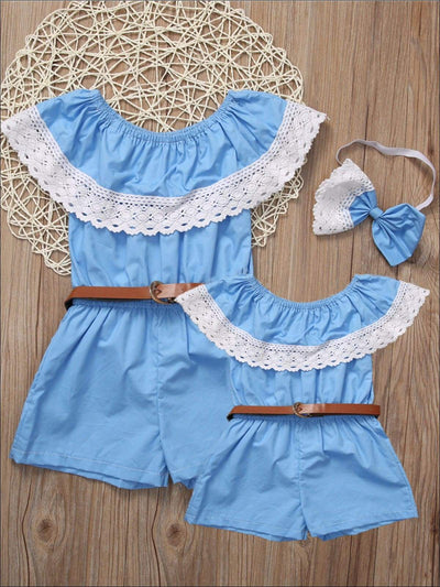 Mommy And Me Outfits | Blue Lace Bib Belted Romper - Mia Belle Girls