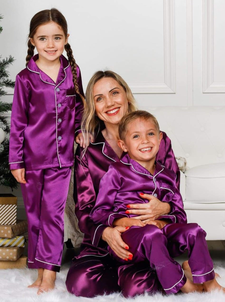 Mia Belle Overseas Fulfillment Mommy and Me Matching Pajama | Silky Satin Button Down Pajamas Purple / Mom-M