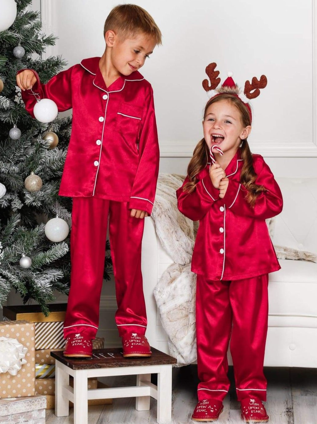 Mommy & Me Red Silk Bordeaux Polka Dots Pajama Set
