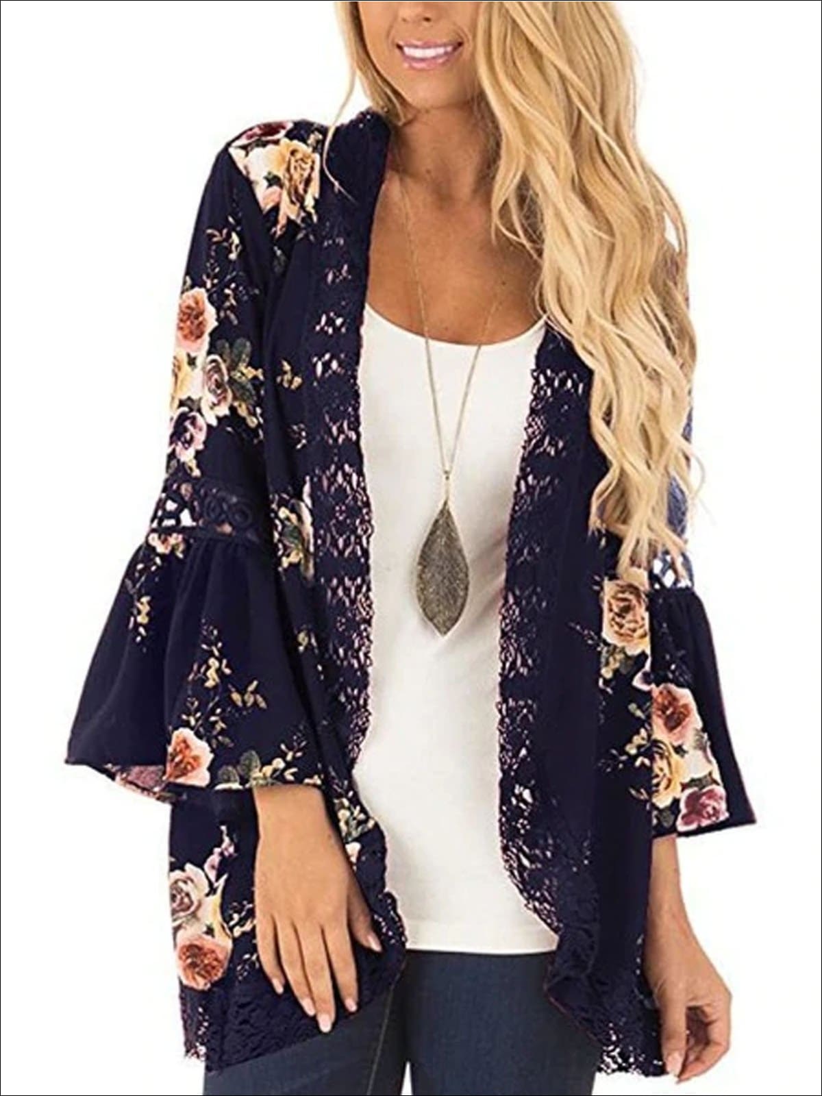 Women’s Flare Sleeve Floral Kimono With Embroidery Detail – Mia Belle Girls