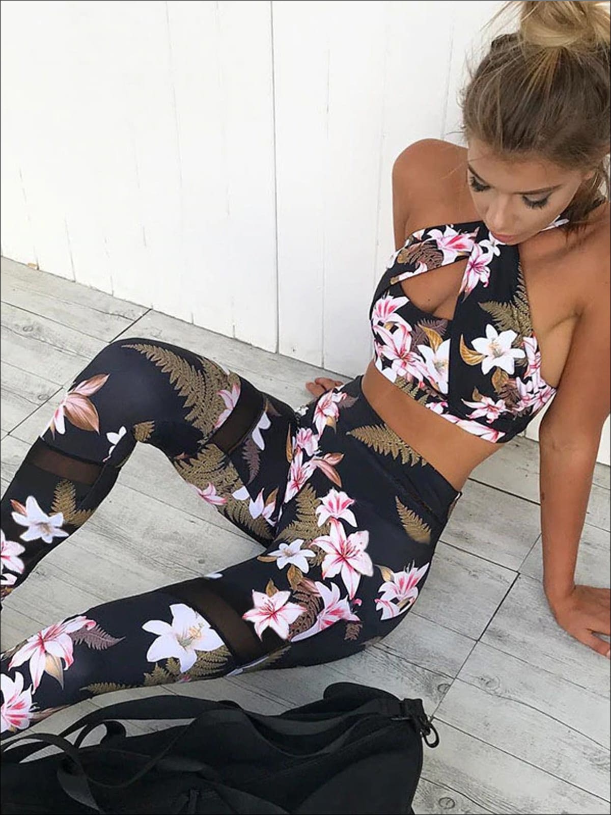 Floral 2 Piece Jumpsuit W/ Mesh leggings