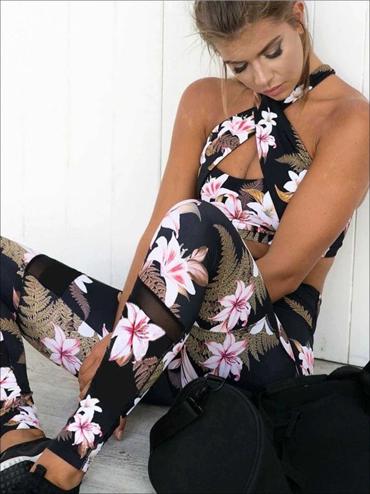 Women's Floral Cross Front Top Andamp; Mesh Detailed Leggings – Mia Belle  Girls