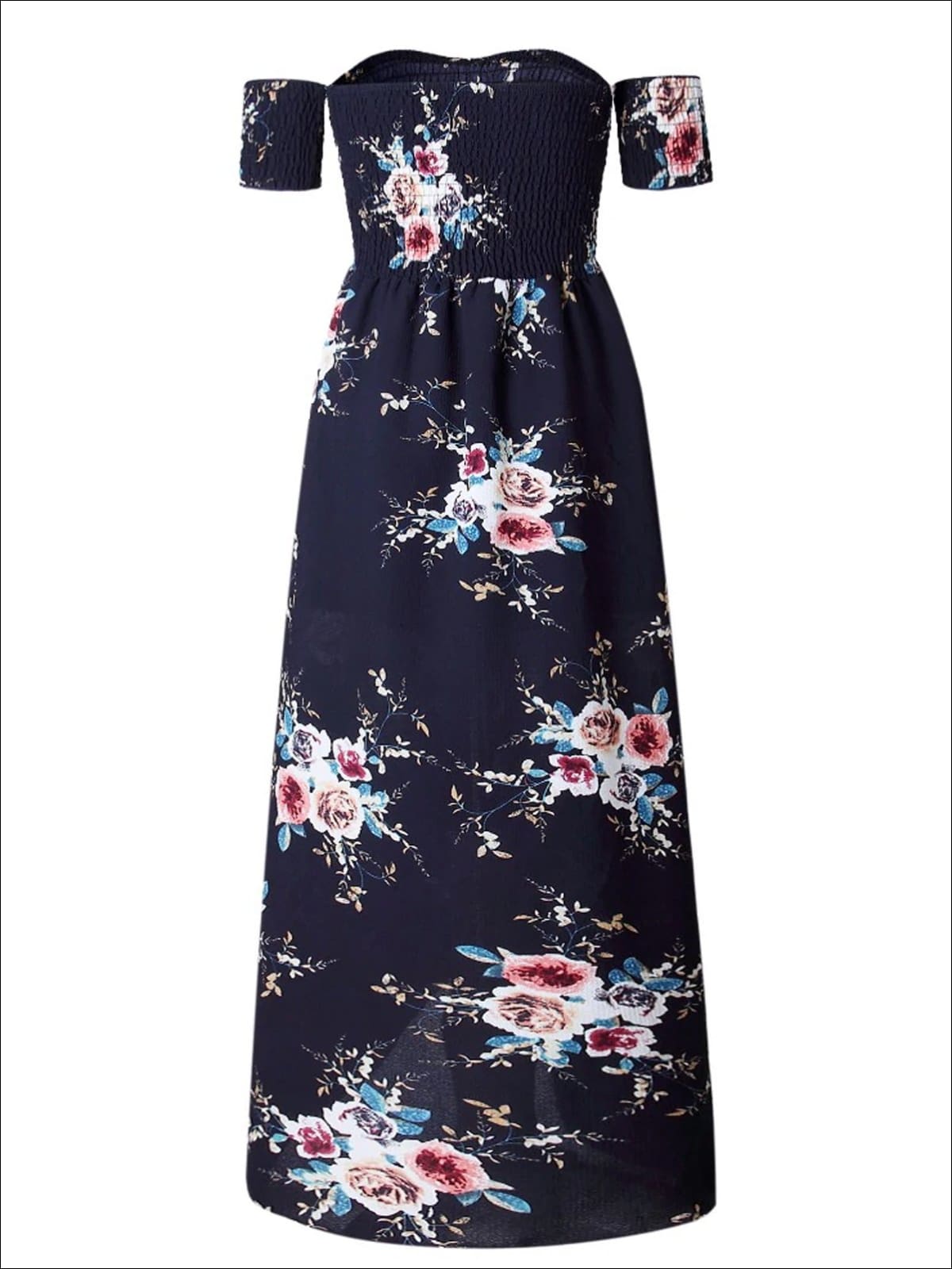 Women's Navy Floral Off Shoulder Front Slit Maxi Dress