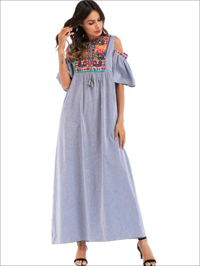 Womens Ruffled Cold Shoulder Maxi Dress With Embroidery Details - Womens Dresses