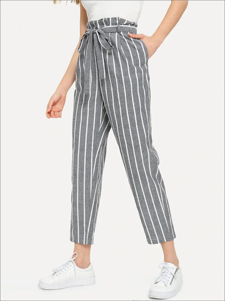Women's Striped Drawstring Waist Tapered Pants With Folded Hem Detail