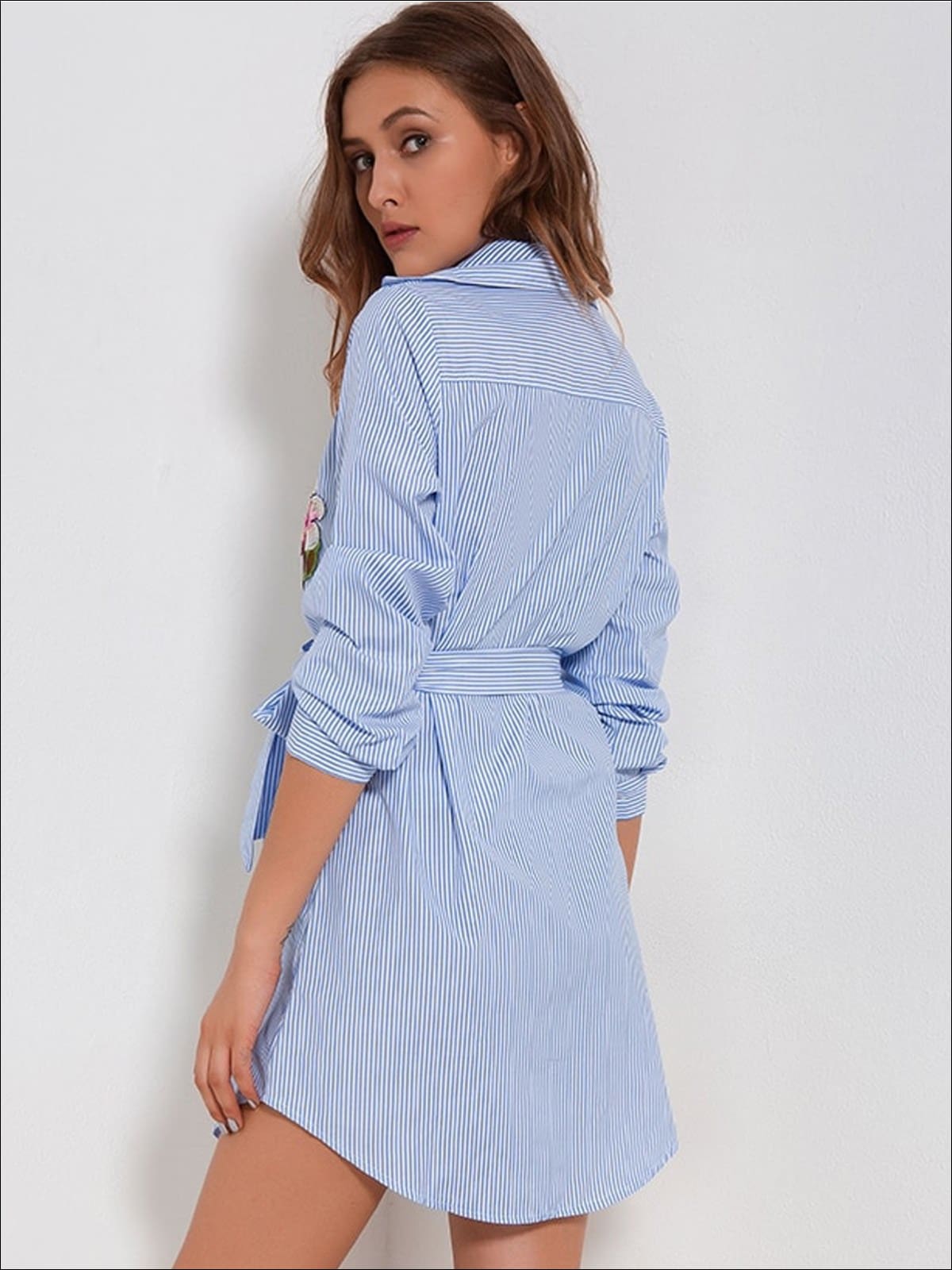 Women's Striped Floral Embroidered Belted Shirt Dress